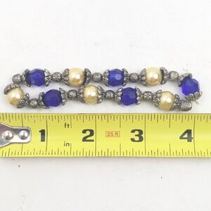 Vintage Beaded Stretch Bracelet Blue Glass & Faux Pearl Silver-Tone Accents 7"